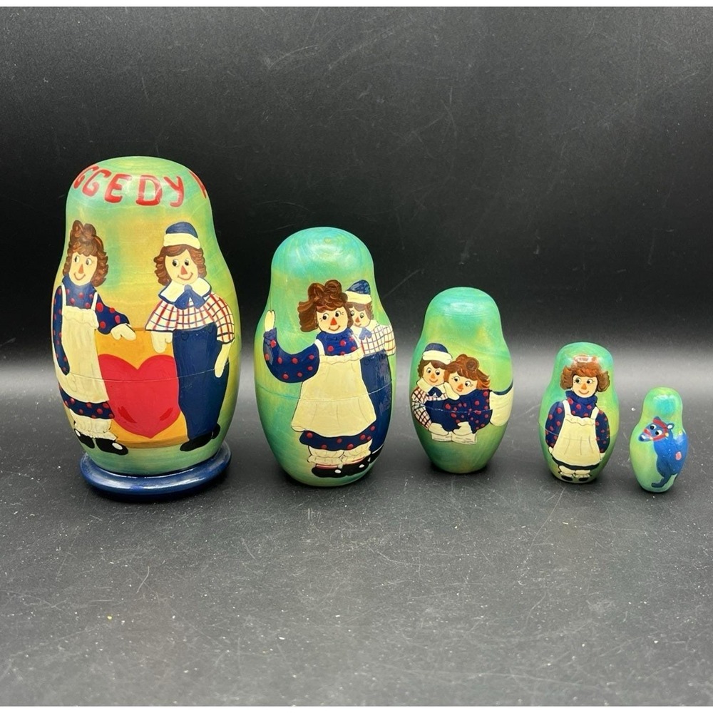 VTG Raggedy Ann & Andy 5pc Nesting Dolls 6.5" Valentines Love Set Signed RUSSIA